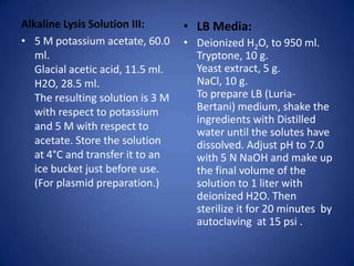 Alkaline Lysis Solution III:
• 5 M potassium acetate, 60.0
ml.
Glacial acetic acid, 11.5 ml.
H2O, 28.5 ml.
The resulting solution is 3 M
with respect to potassium
and 5 M with respect to
acetate. Store the solution
at 4°C and transfer it to an
ice bucket just before use.
(For plasmid preparation.)
• LB Media:
• Deionized H2O, to 950 ml.
Tryptone, 10 g.
Yeast extract, 5 g.
NaCl, 10 g.
To prepare LB (Luria-
Bertani) medium, shake the
ingredients with Distilled
water until the solutes have
dissolved. Adjust pH to 7.0
with 5 N NaOH and make up
the final volume of the
solution to 1 liter with
deionized H2O. Then
sterilize it for 20 minutes by
autoclaving at 15 psi .
 