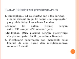 TAHAP PRESIPITASI (PENGENDAPAN)
1. tambahkan ± 0,1 vol NaOAc dan ± 2,5 larutan
ethanol absolut dingin ke dalam 4 ml supernatan
yang telah didiamkan selama 1 malam.
2.Simpan ke dalam freezer dengan
suhu 20C sampai -40C selama 1 jam.
3.Endapkan DNA plasmid dengan disentrifuge
dengan kecepatan 3500 rpm selama 15 menit.
4. Membuang supernatan dan membalik botol
konikel di atas tissue dan mendiamkannya
selama ± 5 menit.
 