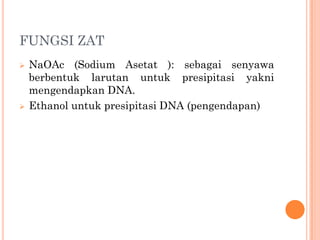 FUNGSI ZAT
 NaOAc (Sodium Asetat ): sebagai senyawa
berbentuk larutan untuk presipitasi yakni
mengendapkan DNA.
 Ethanol untuk presipitasi DNA (pengendapan)
 