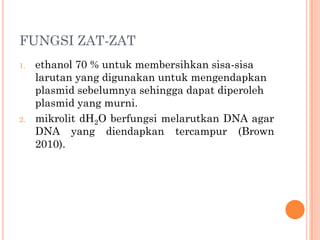 FUNGSI ZAT-ZAT
1. ethanol 70 % untuk membersihkan sisa-sisa
larutan yang digunakan untuk mengendapkan
plasmid sebelumnya sehingga dapat diperoleh
plasmid yang murni.
2. mikrolit dH2O berfungsi melarutkan DNA agar
DNA yang diendapkan tercampur (Brown
2010).
 