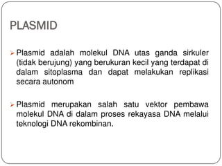 PLASMID
 Plasmid adalah molekul DNA utas ganda sirkuler
(tidak berujung) yang berukuran kecil yang terdapat di
dalam sitoplasma dan dapat melakukan replikasi
secara autonom
 Plasmid merupakan salah satu vektor pembawa
molekul DNA di dalam proses rekayasa DNA melalui
teknologi DNA rekombinan.
 