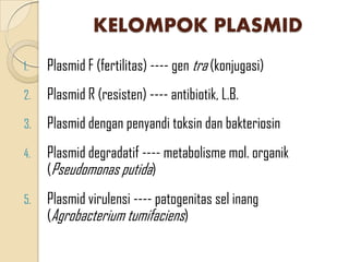 KELOMPOK PLASMID
1. Plasmid F (fertilitas) ---- gen tra (konjugasi)
2. Plasmid R (resisten) ---- antibiotik, L.B.
3. Plasmid dengan penyandi toksin dan bakteriosin
4. Plasmid degradatif ---- metabolisme mol. organik
(Pseudomonas putida)
5. Plasmid virulensi ---- patogenitas sel inang
(Agrobacterium tumifaciens)
 
