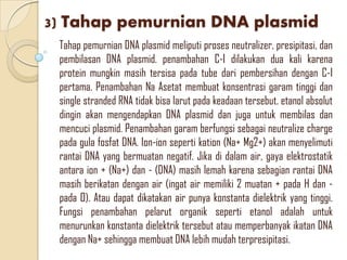 3) Tahap pemurnian DNA plasmid
Tahap pemurnian DNA plasmid meliputi proses neutralizer, presipitasi, dan
pembilasan DNA plasmid. penambahan C-I dilakukan dua kali karena
protein mungkin masih tersisa pada tube dari pembersihan dengan C-I
pertama. Penambahan Na Asetat membuat konsentrasi garam tinggi dan
single stranded RNA tidak bisa larut pada keadaan tersebut. etanol absolut
dingin akan mengendapkan DNA plasmid dan juga untuk membilas dan
mencuci plasmid. Penambahan garam berfungsi sebagai neutralize charge
pada gula fosfat DNA. Ion-ion seperti kation (Na+ Mg2+) akan menyelimuti
rantai DNA yang bermuatan negatif. Jika di dalam air, gaya elektrostatik
antara ion + (Na+) dan - (DNA) masih lemah karena sebagian rantai DNA
masih berikatan dengan air (ingat air memiliki 2 muatan + pada H dan -
pada O). Atau dapat dikatakan air punya konstanta dielektrik yang tinggi.
Fungsi penambahan pelarut organik seperti etanol adalah untuk
menurunkan konstanta dielektrik tersebut atau memperbanyak ikatan DNA
dengan Na+ sehingga membuat DNA lebih mudah terpresipitasi.
 
