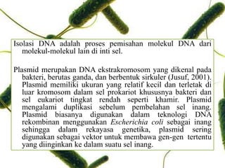 Isolasi DNA adalah proses pemisahan molekul DNA dari
molekul-molekul lain di inti sel.
Plasmid merupakan DNA ekstrakromosom yang dikenal pada
bakteri, berutas ganda, dan berbentuk sirkuler (Jusuf, 2001).
Plasmid memiliki ukuran yang relatif kecil dan terletak di
luar kromosom dalam sel prokariot khususnya bakteri dan
sel eukariot tingkat rendah seperti khamir. Plasmid
mengalami duplikasi sebelum pembelahan sel inang.
Plasmid biasanya digunakan dalam teknologi DNA
rekombinan menggunakan Escherichia coli sebagai inang
sehingga dalam rekayasa genetika, plasmid sering
digunakan sebagai vektor untuk membawa gen-gen tertentu
yang diinginkan ke dalam suatu sel inang.
 