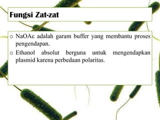 Fungsi Zat-zat
o NaOAc adalah garam buffer yang membantu proses
pengendapan.
o Ethanol absolut berguna untuk mengendapkan
plasmid karena perbedaan polaritas.
 