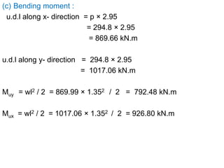 (c) Bending moment :
u.d.l along x- direction = p × 2.95
= 294.8 × 2.95
= 869.66 kN.m
u.d.l along y- direction = 294.8 × 2.95
= 1017.06 kN.m
Muy = wl2 / 2 = 869.99 × 1.352 / 2 = 792.48 kN.m
Mux = wl2 / 2 = 1017.06 × 1.352 / 2 = 926.80 kN.m
 