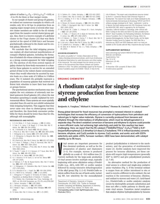 sphere of radius rcE, P3b = 3/4 (r3b/rcE)2
≈ 0.02, or
~6 to 8% for three or four merger events.
In our sample of cluster and group cE galaxies,
we indeed see numerous examples in which a cE
resides only 20 to 80 kpc in projection from an
ongoing major merger scene or several other mas-
sive cluster members are visible in the cE vicinity
apart from the massive central cluster/group gal-
axy. Also, there is a known example of a globular
cluster in the Virgo cluster (31) that was likely
ejected at the speed of 2500 km/s and became
gravitationally unbound to the cluster and its cen-
tral galaxy, Messier 87.
We conclude that the tidal stripping process
can explain all observational manifestations of
compact elliptical galaxies, including the forma-
tion of isolated cEs whose existence was suggested
as a strong counter-argument for tidal stripping
(9). The ejection of cEs from central regions of
galaxy clusters by three-body encounters is a chan-
nel for these galaxies to survive for an extended
period of time in the violent cluster environment,
where they would otherwise be accreted by mas-
sive hosts on a time scale of 2 billion to 3 billion
years. The 11 isolated cEs probably represent a
population of runaway galaxies that received suf-
ficient kick velocities to leave their host clusters
or groups forever.
The gravitational ejection mechanism may also
explain the very existance of extremely rare iso-
lated quiescent dwarf galaxies (32), where the star
formation quenching is usually explained by envi-
ronmental effects. These systems are more spatially
extended than cEs and do not exhibit substantial
tidal stripping footprints. This suggests that they
never came very close to cluster/group centers,
and therefore, the three-body encounter proba-
bility for them should be lower than that for cEs,
although still nonnegligible.
REFERENCES AND NOTES
1. S. D. M. White, C. S. Frenk, Astrophys. J. 379, 52 (1991).
2. S. Cole, C. G. Lacey, C. M. Baugh, C. S. Frenk, Mon. Not. R.
Astron. Soc. 319, 168–204 (2000).
3. M. J. Drinkwater et al., Nature 423, 519–521 (2003).
4. J. Price et al., Mon. Not. R. Astron. Soc. 397, 1816–1835 (2009).
5. I. Chilingarian et al., Science 326, 1379–1382 (2009).
6. I. V. Chilingarian, G. Bergond, Mon. Not. R. Astron. Soc. 405,
L11–L15 (2010).
7. M. A. Norris et al., Mon. Not. R. Astron. Soc. 443, 1151–1172 (2014).
8. A. P. Huxor, S. Phillipps, J. Price, R. Harniman, Mon. Not. R.
Astron. Soc. 414, 3557–3565 (2011).
9. A. P. Huxor, S. Phillipps, J. Price, Mon. Not. R. Astron. Soc. 430,
1956–1960 (2013).
10. S. Paudel, T. Lisker, K. S. A. Hansson, A. P. Huxor, Mon. Not. R.
Astron. Soc. 443, 446–453 (2014).
11. R. M. Rich et al., Nature 482, 192–194 (2012).
12. N. C. Amorisco, N. W. Evans, G. van de Ven, Nature 507,
335–337 (2014).
13. O. Fakhouri, C.-P. Ma, M. Boylan-Kolchin, Mon. Not. R. Astron.
Soc. 406, 2267–2278 (2010).
14. I. V. Chilingarian, I. Y. Zolotukhin, Mon. Not. R. Astron. Soc. 419,
1727–1739 (2012).
15. K. N. Abazajian et al., J. Suppl. Ser. 182, 543–558 (2009).
16. D. C. Martin et al., Astrophys. J. 619, L1–L6 (2005).
17. I. Chilingarian, P. Prugniel, O. Sil'chenko, M. Koleva, Stellar
Populations as Building Blocks of Galaxies, A. Vazdekis,
R. R. Peletier, Eds. (Cambridge Univ. Press, Cambridge, UK,
2007), vol. 241 of IAU Symposium, pp. 175–176, arXiv:0709.3047.
18. L. Spitzer, Astrophys. J. 158, L139 (1969).
19. L. Hernquist, Astrophys. J. 356, 359 (1990).
20. E. Tempel, E. Tago, L. J. Liivamägi, Astron. Astrophys. 540, A106
(2012).
21. N. Kaiser, Mon. Not. R. Astron. Soc. 227, 1–21 (1987).
22. A. Diaferio, M. J. Geller, Astrophys. J. 481, 633–643 (1997).
23. A. Diaferio, Mon. Not. R. Astron. Soc. 309, 610–622 (1999).
24. R. G. Carlberg, H. K. C. Yee, E. Ellingson, Astrophys. J. 478,
462–475 (1997).
25. A. Biviano, M. Girardi, Astrophys. J. 585, 205–214 (2003).
26. J. Pfeffer, H. Baumgardt, Mon. Not. R. Astron. Soc. 433,
1997–2005 (2013).
27. W. R. Brown, M. J. Geller, S. J. Kenyon, M. J. Kurtz, Astrophys.
J. 622, L33–L36 (2005).
28. L. V. Sales, J. F. Navarro, M. G. Abadi, M. Steinmetz, Mon. Not.
R. Astron. Soc. 379, 1475–1483 (2007).
29. A. R. Wetzel, J. L. Tinker, C. Conroy, F. C. Bosch, Mon. Not. R.
Astron. Soc. 439, 2687–2700 (2014).
30. G. De Lucia, J. Blaizot, Mon. Not. R. Astron. Soc. 375, 2–14 (2007).
31. N. Caldwell et al., Astrophys. J. 787, L11 (2014).
32. M. Geha, M. R. Blanton, R. Yan, J. L. Tinker, Astrophys. J. 757,
85 (2012).
ACKNOWLEDGMENTS
The authors are greatful to F. Combes (Observatoire de Paris),
I. Katkov (Sternberg Astronomical Institute), and M. Kurtz (Smithsonian
Astrophysical Observatory) for useful discussions and critical reading
of the manuscript. This result emerged from the tutorial run by the
authors at the Astronomical Data Analysis Software and Systems
conference in 2012. The authors acknowledge support by the Russian
Science Foundation project 14-22-00041 “VOLGA—A View On the
Life of GAlaxies.”. The project used computational resourses funded
by the M. V. Lomonosov Moscow State University Program of
Development. This research has made use of Aladin developed by the
Centre de Données Astronomiques de Strasbourg;TOPCAT and STILTS
software packages developed by M. Taylor; “exploresdss” script by
G. Mamon; theVizieR catalog access tool, CDS, Strasbourg, France; and
the NASA/IPAC NED, which is operated by the Jet Propulsion
Laboratory, California Institute of Technology, under contract with
NASA. Funding for the SDSS and SDSS-II has been provided by the
Alfred P. Sloan Foundation, the Participating Institutions, the National
Science Foundation, the U.S. Department of Energy, NASA, the
Japanese Monbukagakusho, the Max Planck Society, and the Higher
Education Funding Council for England. The SDSS Web Site is
www.sdss.org. GALEX and SDSS databases used in our study are
available via the CasJobs web-site http://skyserver.sdss.org/CasJobs.
SUPPLEMENTARY MATERIALS
www.sciencemag.org/content/348/6233/418/suppl/DC1
Materials and Methods
Supplementary Text
Figs. S1 to S4
References (33–46)
Table S1
19 November 2014; accepted 20 March 2015
10.1126/science.aaa3344
ORGANIC CHEMISTRY
A rhodium catalyst for single-step
styrene production from benzene
and ethylene
Benjamin A. Vaughan,1
Michael S. Webster-Gardiner,1
Thomas R. Cundari,2
* T. Brent Gunnoe1
*
Rising global demand for fossil resources has prompted a renewed interest in catalyst
technologies that increase the efficiency of conversion of hydrocarbons from petroleum and
natural gas to higher-value materials. Styrene is currently produced from benzene and
ethylene through the intermediacy of ethylbenzene, which must be dehydrogenated in a
separate step.The direct oxidative conversion of benzene and ethylene to styrene could provide
a more efficient route, but achieving high selectivity and yield for this reaction has been
challenging. Here, we report that the Rh catalyst (Fl
DAB)Rh(TFA)(h2
–C2H4) [Fl
DAB is N,N′-
bis(pentafluorophenyl)-2,3-dimethyl-1,4-diaza-1,3-butadiene; TFA is trifluoroacetate] converts
benzene, ethylene, and Cu(II) acetate to styrene, Cu(I) acetate, and acetic acid with 100%
selectivity and yields ≥95%.Turnover numbers >800 have been demonstrated, with catalyst
stability up to 96 hours.
V
inyl arenes are important precursors for
fine chemical synthesis, as well as for the
preparation of plastics and elastomers
(1–5). For example, styrene is produced
globally on a scale of ~18.5 million tons (2).
Current methods for the large-scale production
of vinyl arenes involve multiple steps, typically
beginning with arene alkylation using a Friedel-
Crafts (e.g., AlCl3 with HF) or zeolite catalyst
followed by energy-intensive dehydrogenation
of the alkyl group (Fig. 1) (1–6). Friedel-Crafts ca-
talysis suffers from the use of harsh acids, includ-
ing HF, low selectivity for the monoalkylated
product (polyalkylation is inherent to the mech-
anism), and the generation of stoichiometric
waste (2). Zeolite catalysts have improved the
process for benzene alkylation, yet these cat-
alysts still require high temperatures (generally
350° to 450°C) and give polyalkylated products
(2, 7–10).
An alternative method for the production of
vinyl arenes is a direct and single-step oxidative
arene vinylation (Fig. 1). If the terminal oxidant
is oxygen from air (either introduced in situ or
used to recycle a different in situ oxidant), the net
reaction is the conversion of benzene, ethylene,
and oxidant to styrene and water (11). Acid-based
(i.e., Friedel-Crafts or zeolite catalysts) catalysis
occurs by electrophilic aromatic substitution and
does not offer a viable pathway to directly gen-
erate vinyl arenes. Transition metal complexes
that catalyze ethylene hydrophenylation by benzene
SCIENCE sciencemag.org 24 APRIL 2015 • VOL 348 ISSUE 6233 421
1
Department of Chemistry, University of Virginia,
Charlottesville, VA 22903, USA. 2
Center for Advanced
Scientific Computing and Modeling, Department of Chemistry,
University of North Texas, Denton, TX 76203, USA.
*Corresponding author. E-mail: tbg7h@virginia.edu (T.B.G.),
t@unt.edu (T.R.C.)
RESEARCH | REPORTS
 