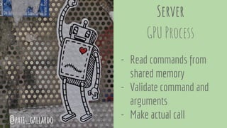 Server
GPU Process
- Read commands from
shared memory
- Validate command and
arguments
- Make actual call@pati_gallardo
 