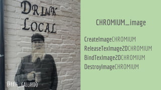 CHROMIUM_image
CreateImageCHROMIUM
ReleaseTexImage2DCHROMIUM
BindTexImage2DCHROMIUM
DestroyImageCHROMIUM
@pati_gallardo
 
