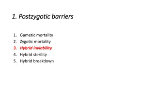 1. Postzygotic barriers
1. Gametic mortality
2. Zygotic mortality
3. Hybrid inviability
4. Hybrid sterility
5. Hybrid breakdown
 