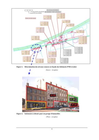 9
Figure 1. Détermination des niveaux sonores en façade des bâtiments PNB à traiter
(Source : Acouplus)
Figure 2. Isolements à obtenir pour un groupe d'immeubles
(Photo : Acouplus)
 