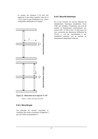 53
La somme des distances C+D doit être
supérieure à une valeur comprise entre 0,6 et
1,30 m selon le type d’habitation et la "masse
combustible mobilisable de la façade".
Figure 22. Illustration de la règle du "C+D"
(Source : LRPC Clermont-Ferrand)
6.4.3. Sécurité gaz
Les principes de sécurité concernant la
ventilation des locaux en présence d’appareils à
gaz sont traités au paragraphe 6.1.
6.4.4. Sécurité électrique
En ce qui concerne les travaux affectant les
branchements électriques (installation d’une
VMC par exemple), l’installateur sera tenu de
réaliser le branchement conformément aux
normes NFC 14-100 et NFC 15-100 (mise à la
terre, protection par disjoncteur différentiel de
30 mA,…), soit par raccordement à une
installation conforme, soit en réalisant un
branchement indépendant conforme.
 