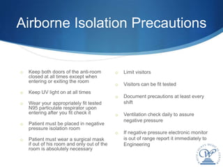 Airborne Isolation Precautions


o   Keep both doors of the anti-room         o   Limit visitors
    closed at all times except when
    entering or exiting the room
                                             o   Visitors can be fit tested
o   Keep UV light on at all times
                                             o   Document precautions at least every
o   Wear your appropriately fit tested           shift
    N95 particulate respirator upon
    entering after you fit check it          o   Ventilation check daily to assure
                                                 negative pressure
o   Patient must be placed in negative
    pressure isolation room
                                             o   If negative pressure electronic monitor
o   Patient must wear a surgical mask            is out of range report it immediately to
    if out of his room and only out of the       Engineering
    room is absolutely necessary
 