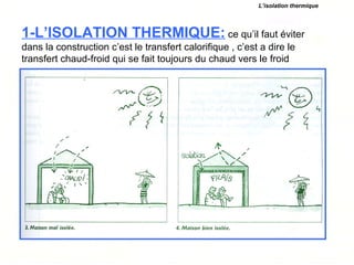 Il y a deux type d’isolation1-L’ISOLATION THERMIQUE: ce qu’il faut éviter
dans la construction c’est le transfert calorifique , c’est a dire le
transfert chaud-froid qui se fait toujours du chaud vers le froid
L’isolation thermique
 