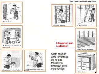ISOLER LES MURS DE FAÇADES
3-Isolation par
l’extérieur
Cette solution
offre l’avantage
de ne pas
travailler à
l’intérieur de la
construction
 