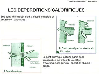 LES DEPERDITIONS CALORIFIQUES
LES DEPERDITIONS CALORIFIQUES
Les ponts thermiques sont la cause principale de
déperdition calorifique
Le pont thermique est une partie de la
construction qui présente un défaut
d’isolation ,donc perte ou apport de chaleur
désiré.
 