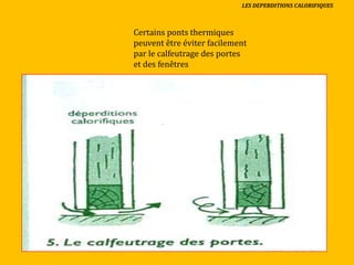 LES DEPERDITIONS CALORIFIQUES
Certains ponts thermiques
peuvent être éviter facilement
par le calfeutrage des portes
et des fenêtres
 