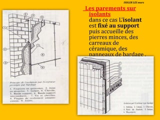 _Les parements sur
isolants
dans ce cas L’isolant
est fixé au support
puis accueille des
pierres minces, des
carreaux de
céramique, des
panneaux de bardage .
ISOLER LES murs
 