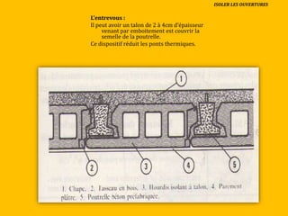 L’entrevous :
Il peut avoir un talon de 2 { 4cm d’épaisseur
venant par emboitement est couvrir la
semelle de la poutrelle.
Ce dispositif réduit les ponts thermiques.
ISOLER LES OUVERTURES
 