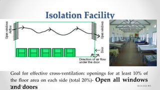 Isolation Facility
Goal for effective cross-ventilation: openings for at least 10% of
the floor area on each side (total 20%)- Open all windows
and doors 08-04-2020www.nursingpath.in 8
 