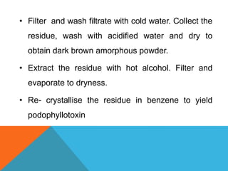 • Filter and wash filtrate with cold water. Collect the
residue, wash with acidified water and dry to
obtain dark brown amorphous powder.
• Extract the residue with hot alcohol. Filter and
evaporate to dryness.
• Re- crystallise the residue in benzene to yield
podophyllotoxin
 