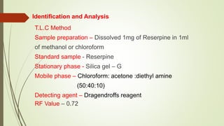 Identification and Analysis
T.L.C Method
Sample preparation – Dissolved 1mg of Reserpine in 1ml
of methanol or chloroform
Standard sample - Reserpine
Stationary phase - Silica gel – G
Mobile phase – Chloroform: acetone :diethyl amine
(50:40:10)
Detecting agent – Dragendroffs reagent
RF Value – 0.72
 