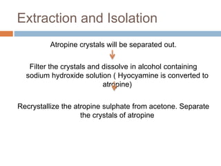 Extraction and Isolation
Atropine crystals will be separated out.
Filter the crystals and dissolve in alcohol containing
sodium hydroxide solution ( Hyocyamine is converted to
atropine)
Recrystallize the atropine sulphate from acetone. Separate
the crystals of atropine
 