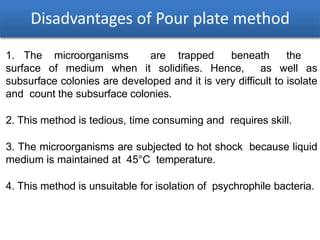 Disadvantages of Pour plate method
1. The microorganisms are trapped beneath the
surface of medium when it solidifies. Hence, as well as
subsurface colonies are developed and it is very difficult to isolate
and count the subsurface colonies.
2. This method is tedious, time consuming and requires skill.
3. The microorganisms are subjected to hot shock because liquid
medium is maintained at 45°C temperature.
4. This method is unsuitable for isolation of psychrophile bacteria.
 