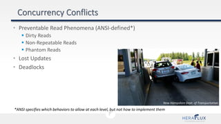 • Preventable Read Phenomena (ANSI-defined*)
 Dirty Reads
 Non-Repeatable Reads
 Phantom Reads
• Lost Updates
• Deadlocks
*ANSI specifies which behaviors to allow at each level, but not how to implement them
New Hampshire Dept. of Transportation
 