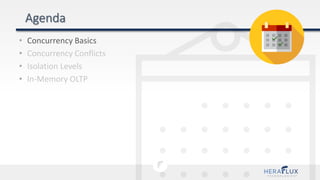 • Concurrency Basics
• Concurrency Conflicts
• Isolation Levels
• In-Memory OLTP
 