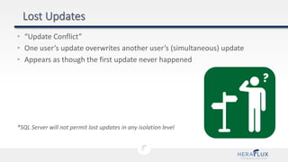 • “Update Conflict”
• One user’s update overwrites another user’s (simultaneous) update
• Appears as though the first update never happened
*SQL Server will not permit lost updates in any isolation level
 