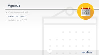• Concurrency Basics
• Isolation Levels
• In-Memory OLTP
 