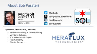 Specialties / Focus Areas / Passions:
• Performance Tuning & Troubleshooting
• Very Large Databases
• SQL Server Storage Engine
• High Availability
• Disaster Recovery
@sqlbob
bob@bobpusateri.com
heraflux.com
bobpusateri
 