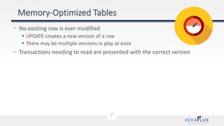 • No existing row is ever modified
 UPDATE creates a new version of a row
 There may be multiple versions in play at once
• Transactions needing to read are presented with the correct version
 