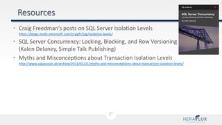 • Craig Freedman’s posts on SQL Server Isolation Levels
https://blogs.msdn.microsoft.com/craigfr/tag/isolation-levels/
• SQL Server Concurrency: Locking, Blocking, and Row Versioning
(Kalen Delaney, Simple Talk Publishing)
• Myths and Misconceptions about Transaction Isolation Levels
http://www.sqlpassion.at/archive/2014/01/21/myths-and-misconceptions-about-transaction-isolation-levels/
 