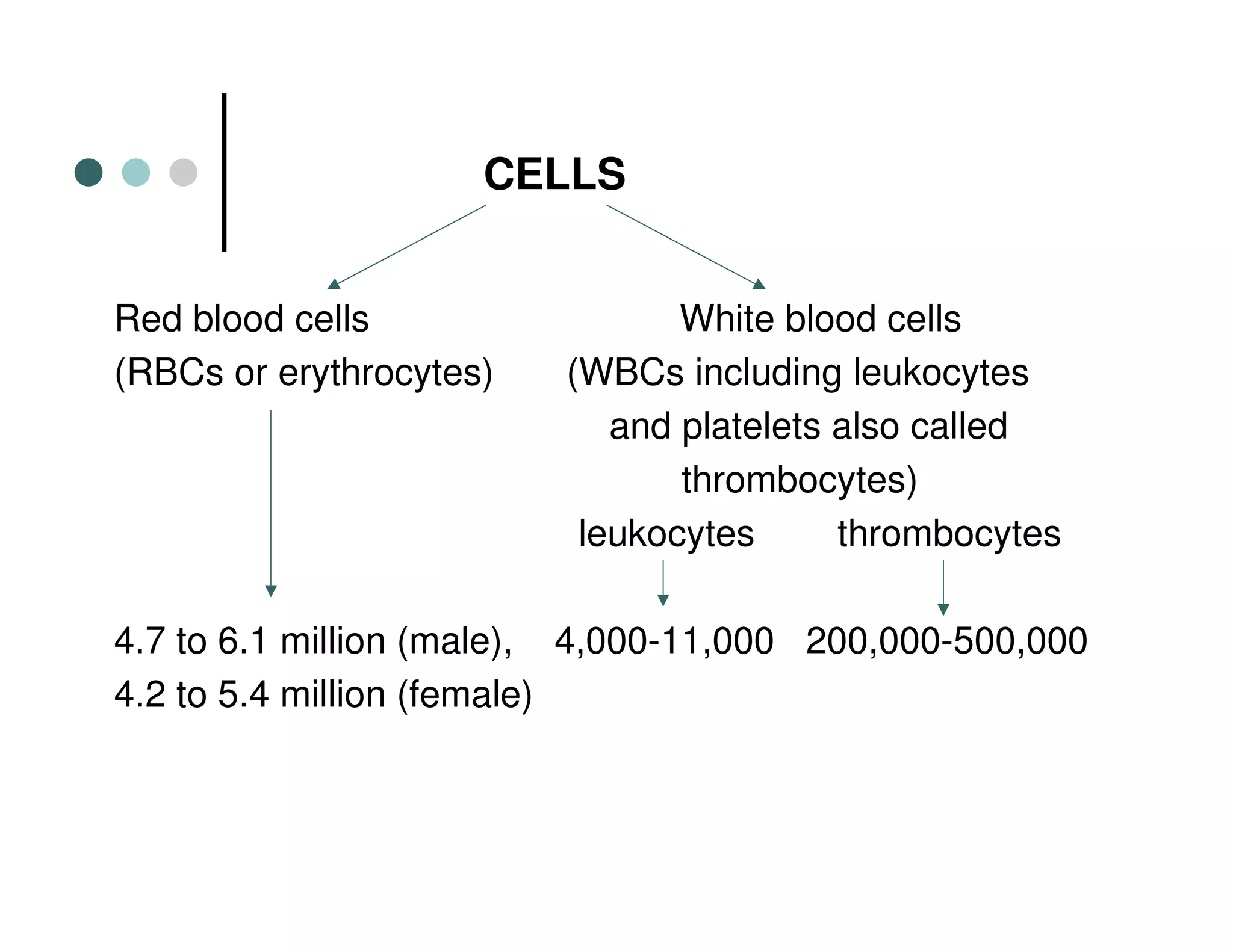 CELLS
Red blood cells White blood cells
(RBCs or erythrocytes) (WBCs including leukocytes
and platelets also called
thrombocytes)
leukocytes thrombocytes
4.7 to 6.1 million (male), 4,000-11,000 200,000-500,000
4.2 to 5.4 million (female)
 