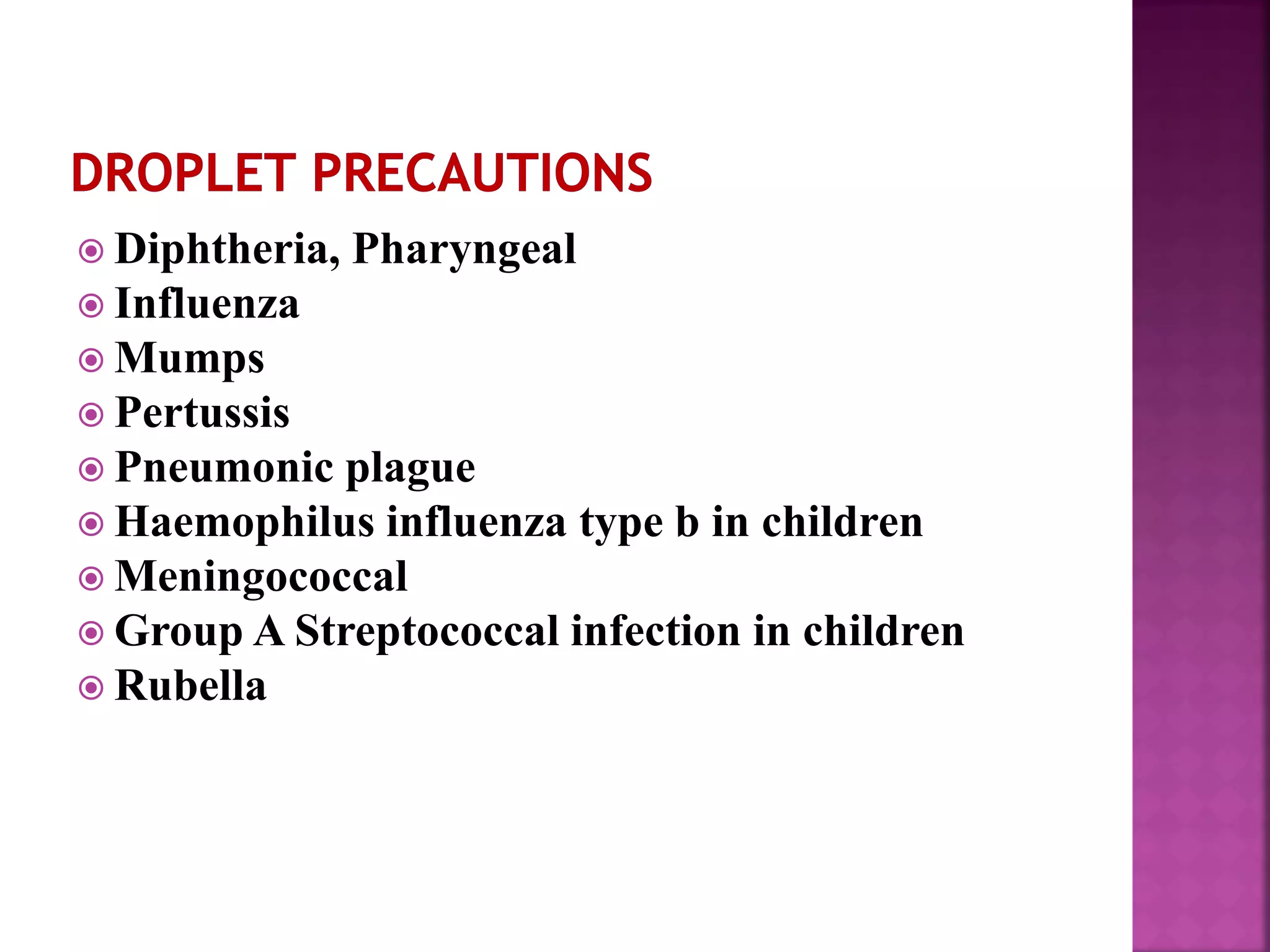 Diphtheria, Pharyngeal
 Influenza
 Mumps
 Pertussis
 Pneumonic plague
 Haemophilus influenza type b in children
 Meningococcal
 Group A Streptococcal infection in children
 Rubella
 