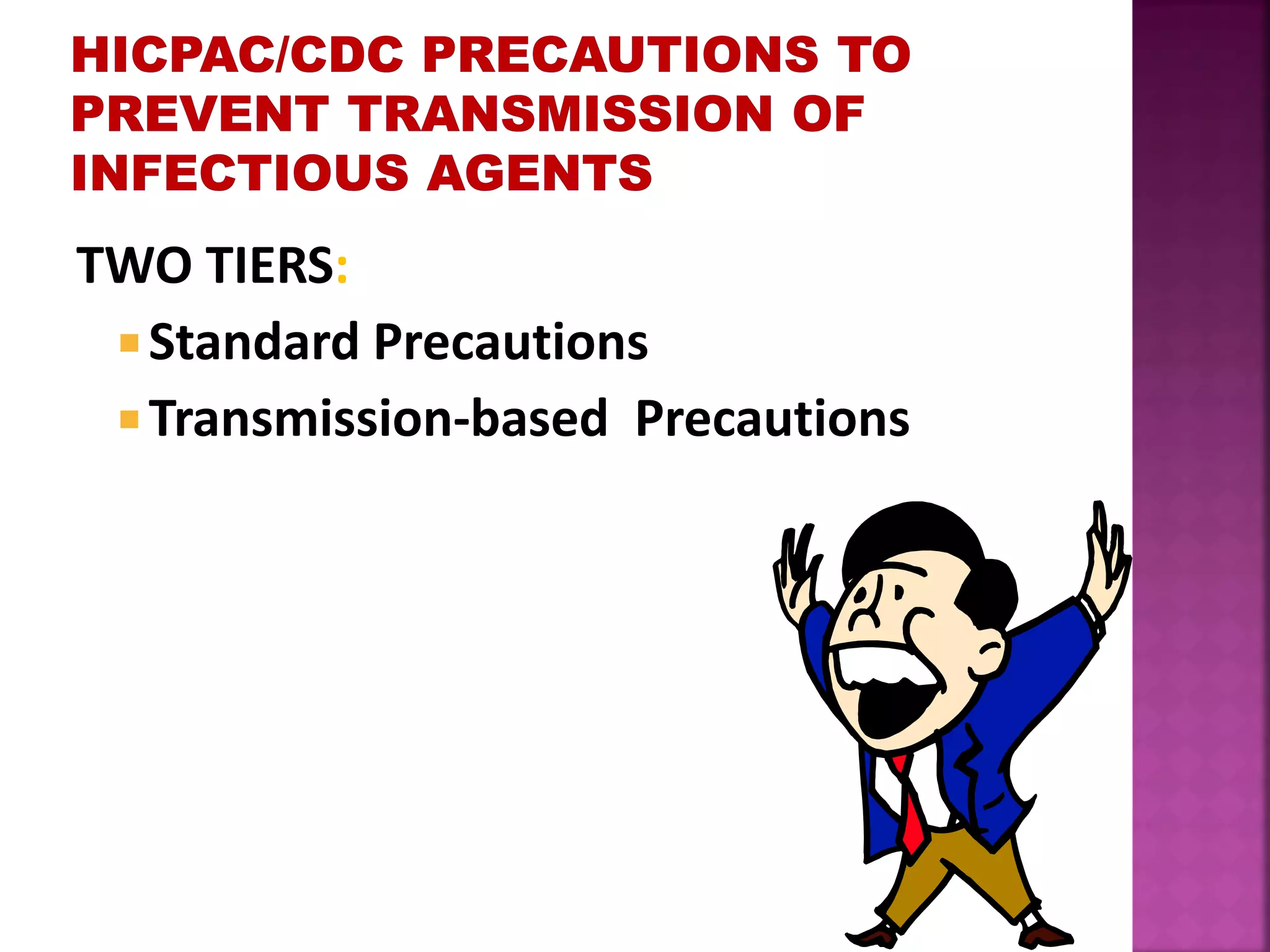 TWO TIERS:
 Standard Precautions
 Transmission-based Precautions
 