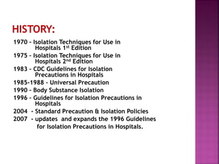1970 – Isolation Techniques for Use in
Hospitals 1st Edition
1975 – Isolation Techniques for Use in
Hospitals 2nd Edition
1983 – CDC Guidelines for Isolation
Precautions in Hospitals
1985-1988 – Universal Precaution
1990 – Body Substance Isolation
1996 – Guidelines for Isolation Precautions in
Hospitals
2004 - Standard Precaution & Isolation Policies
2007 - updates and expands the 1996 Guidelines
for Isolation Precautions in Hospitals.
 