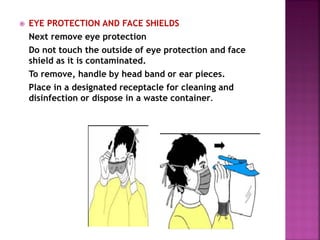  EYE PROTECTION AND FACE SHIELDS
Next remove eye protection
Do not touch the outside of eye protection and face
shield as it is contaminated.
To remove, handle by head band or ear pieces.
Place in a designated receptacle for cleaning and
disinfection or dispose in a waste container.
 