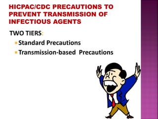 TWO TIERS:
 Standard Precautions
 Transmission-based Precautions
 