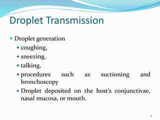 Droplet Transmission
 Droplet generation
 coughing,
 sneezing,
 talking,
 procedures such as suctioning and
bronchoscopy
 Droplet deposited on the host’s conjunctivae,
nasal mucosa, or mouth.
6
 