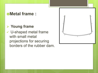 Metal frame :
 Young frame
 U-shaped metal frame
with small metal
projections for securing
borders of the rubber dam.
 