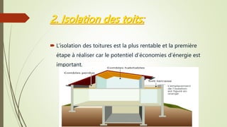  L’isolation des toitures est la plus rentable et la première
étape à réaliser car le potentiel d’économies d’énergie est
important.
 