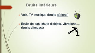 Bruits intérieurs
 Voix, TV, musique (bruits aériens)
 Bruits de pas, chute d’objets, vibrations,…
(bruits d’impact)
 