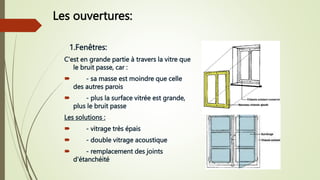 Les ouvertures:
1.Fenêtres:
C'est en grande partie à travers la vitre que
le bruit passe, car :
 - sa masse est moindre que celle
des autres parois
 - plus la surface vitrée est grande,
plus le bruit passe
Les solutions :
 - vitrage très épais
 - double vitrage acoustique
 - remplacement des joints
d'étanchéité
 