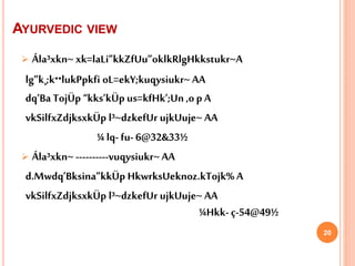 AYURVEDIC VIEW
 Ála³xkn~ xk=laLi”kkZfUu”oklkRlgHkkstukr~A
lg”k¸;k∙∙lukPpkfi oL=ekY;kuqysiukr~ AA
dq’Ba TojÜp “kks’kÜp us=kfHk’;Un ,o p A
vkSilfxZdjksxkÜp l³~dzkefUr ujkUuje~ AA
¼ lq- fu- 6@32&33½
 Ála³xkn~ ----------vuqysiukr~AA
d.Mwdq’Bksina”kkÜp HkwrksUeknoz.kTojk% A
vkSilfxZdjksxkÜp l³~dzkefUr ujkUuje~ AA
¼Hkk- ç-54@49½
20
 