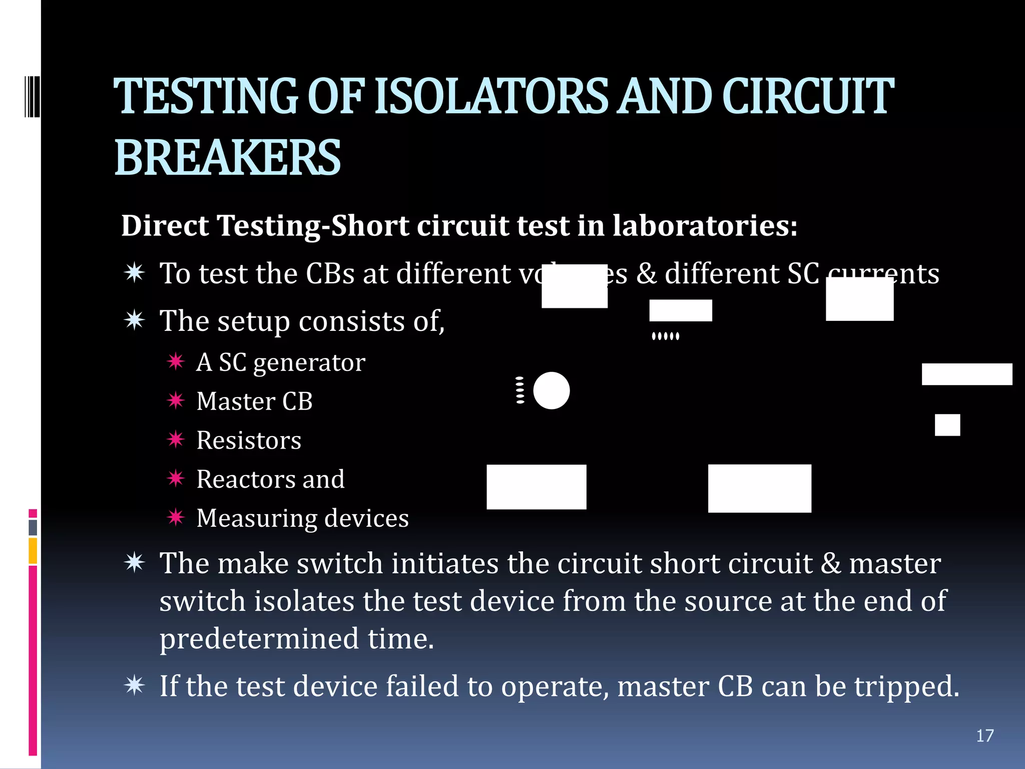 TESTINGOFISOLATORSANDCIRCUIT
BREAKERS
Direct Testing-Short circuit test in laboratories:
 To test the CBs at different voltages & different SC currents
 The setup consists of,
 A SC generator
 Master CB
 Resistors
 Reactors and
 Measuring devices
 The make switch initiates the circuit short circuit & master
switch isolates the test device from the source at the end of
predetermined time.
 If the test device failed to operate, master CB can be tripped.
17
Back up
breaker
Short Circuit
Testing Gen
Reactor
Test device
CT
Making
Switch
Circuit
Capacitance
G
 