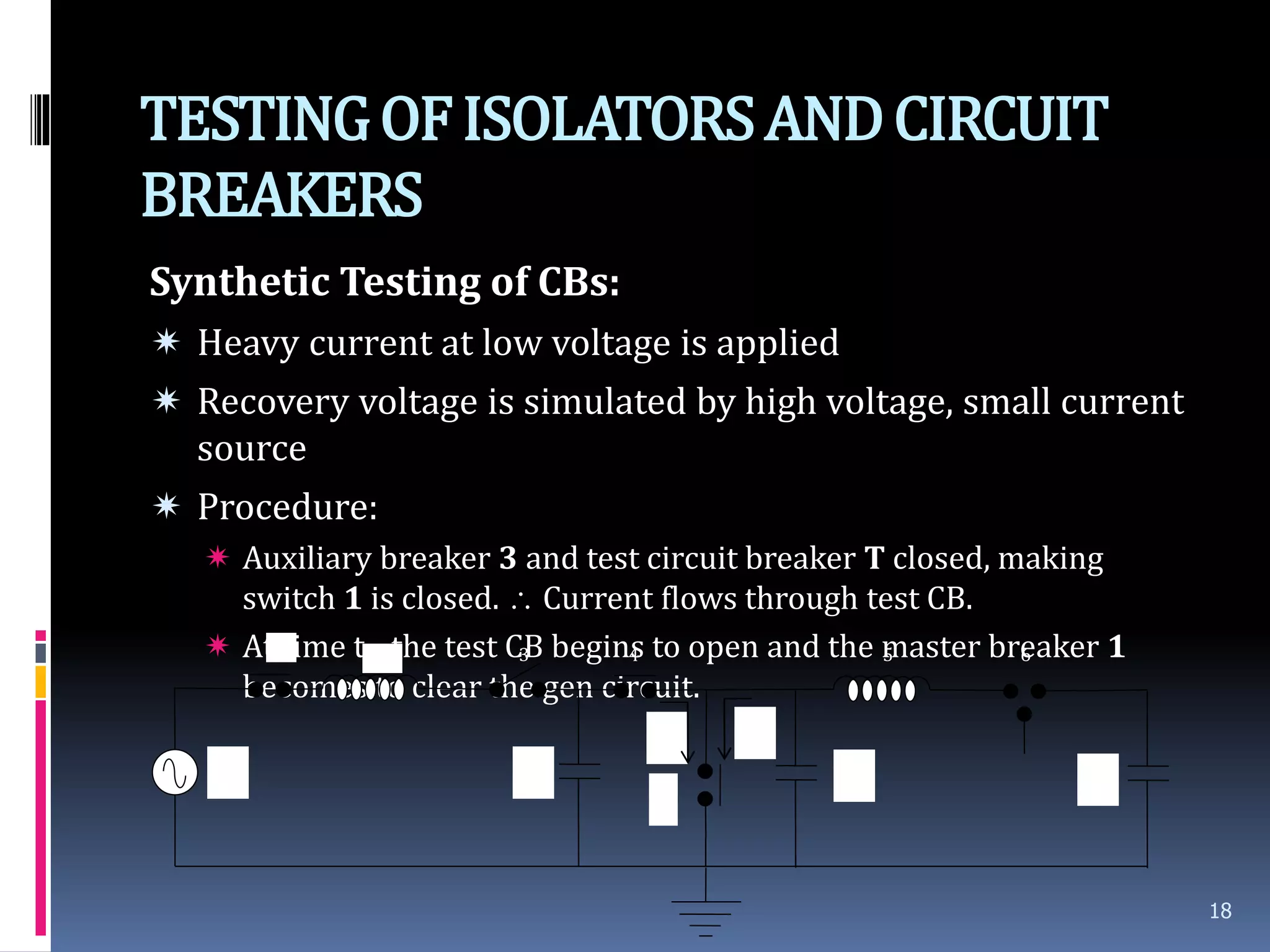 TESTINGOFISOLATORSANDCIRCUIT
BREAKERS
Synthetic Testing of CBs:
 Heavy current at low voltage is applied
 Recovery voltage is simulated by high voltage, small current
source
 Procedure:
 Auxiliary breaker 3 and test circuit breaker T closed, making
switch 1 is closed.  Current flows through test CB.
 At time t0, the test CB begins to open and the master breaker 1
becomes to clear the gen circuit.
18
1
2 3 4 5 6
Vc Cc C0 Cv
IvIc
T
 