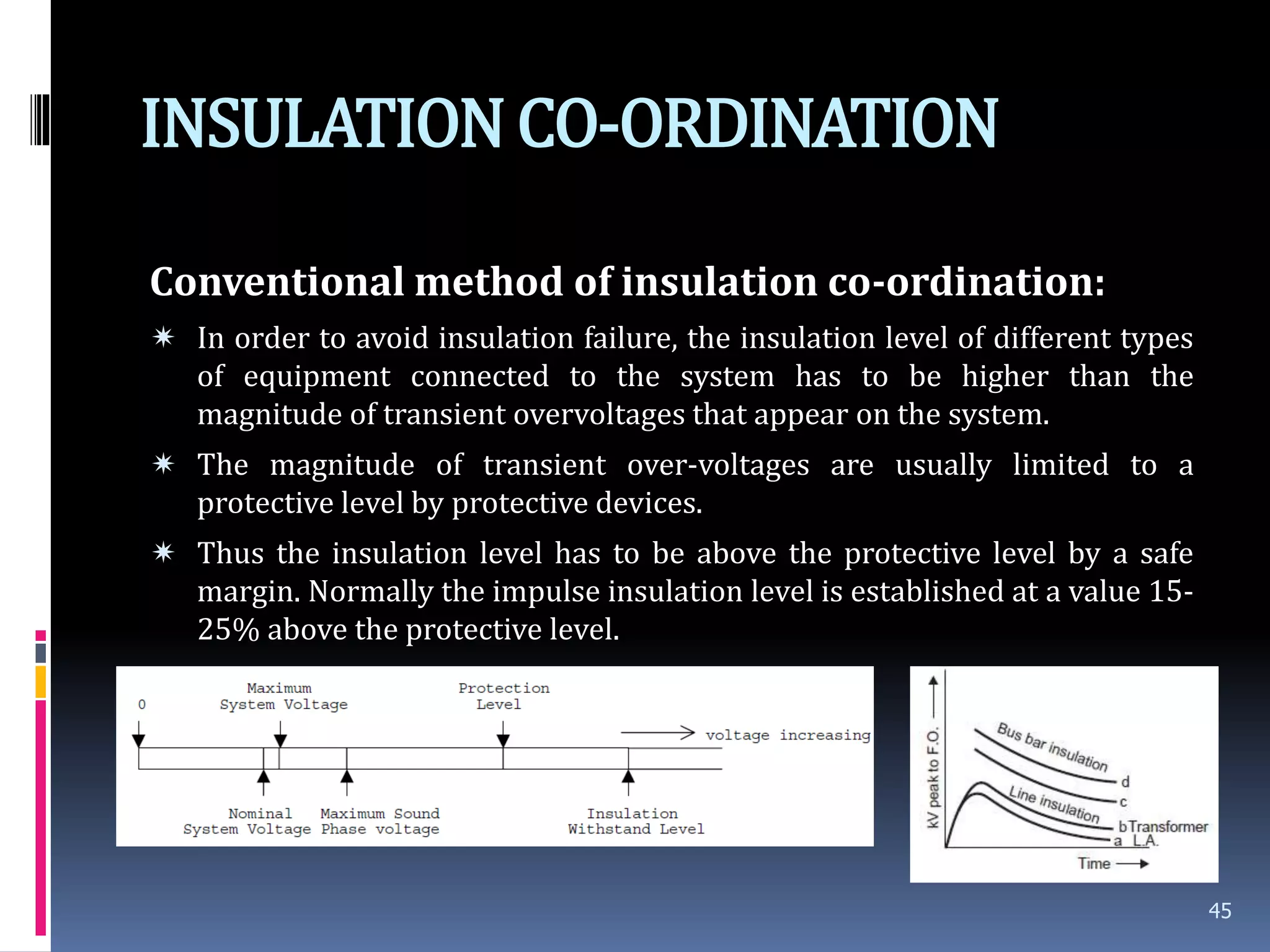 INSULATIONCO-ORDINATION
Conventional method of insulation co-ordination:
 In order to avoid insulation failure, the insulation level of different types
of equipment connected to the system has to be higher than the
magnitude of transient overvoltages that appear on the system.
 The magnitude of transient over-voltages are usually limited to a
protective level by protective devices.
 Thus the insulation level has to be above the protective level by a safe
margin. Normally the impulse insulation level is established at a value 15-
25% above the protective level.
45
 